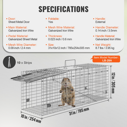 VEVOR Live Animal Cage Trap, 31" x 10" x 12" Humane Cat Trap Galvanized Iron, Folding Animal Trap with Handle for Rabbits, Stray Cats, Squirrels, Raccoons, Groundhogs and Opossums