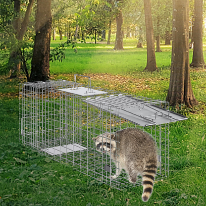 VEVOR Live Animal Cage Trap, 31" x 10" x 12" Humane Cat Trap Galvanized Iron, Folding Animal Trap with Handle for Rabbits, Stray Cats, Squirrels, Raccoons, Groundhogs and Opossums