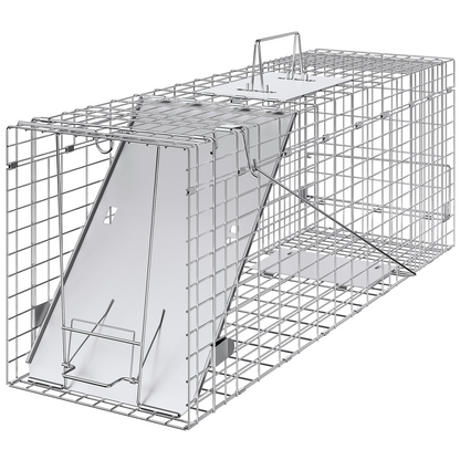 VEVOR Live Animal Cage Trap, 31" x 10" x 12" Humane Cat Trap Galvanized Iron, Folding Animal Trap with Handle for Rabbits, Stray Cats, Squirrels, Raccoons, Groundhogs and Opossums