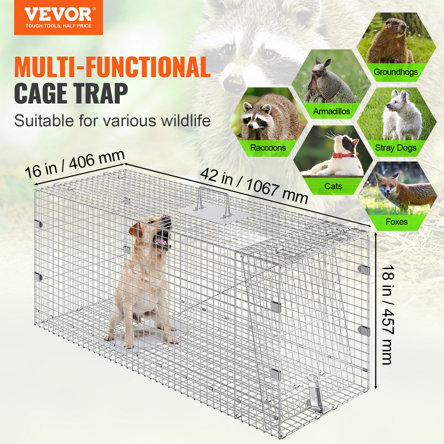 VEVOR Live Animal Cage Trap, 42" x 16" x 18" Humane Cat Trap Galvanized Iron, Folding Animal Trap with Handle for Stray Dogs, Armadillos, Raccoons, Marmots, Foxes