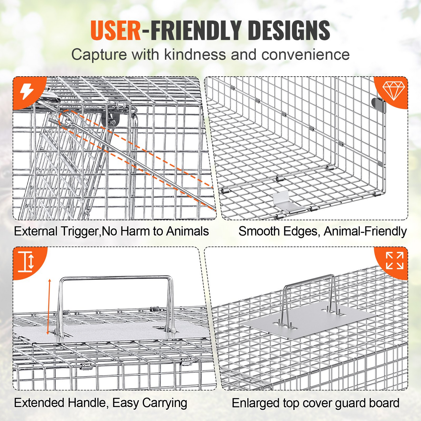 VEVOR Live Animal Cage Trap, 42" x 16" x 18" Humane Cat Trap Galvanized Iron, Folding Animal Trap with Handle for Stray Dogs, Armadillos, Raccoons, Marmots, Foxes