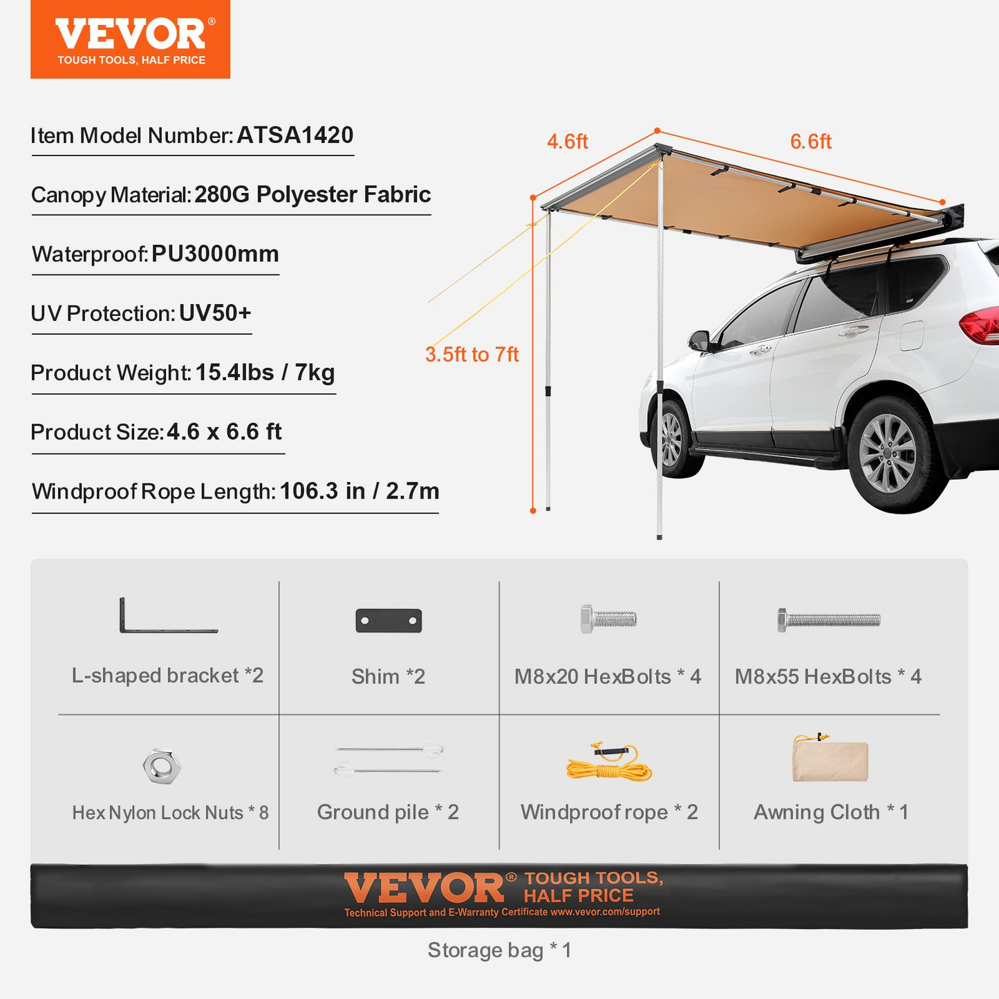 VEVOR Car Side Awning, Large 4.6'x6.6' Shade Coverage Vehicle Awning, PU3000mm UV50+ Retractable Car Awning with Waterproof Storage Bag, Suitable for Truck, SUV, Van, Campers