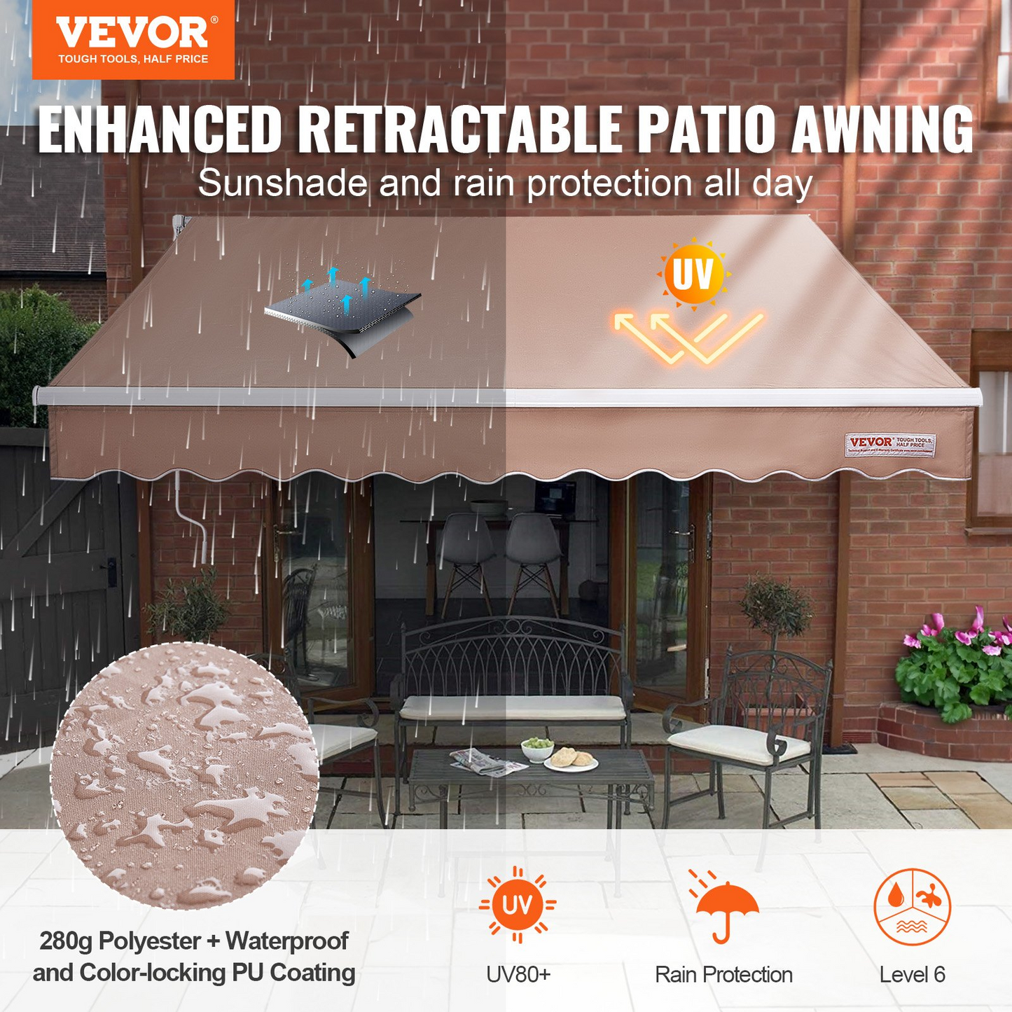 VEVOR Manual Retractable Awning, 8 x 7 ft Outdoor Patio Awning Retractable Sun Shade, Water-Resistant Polyester Patio Door Window Awning Sunshade Shelter with Crank Handle for Backyard, Balcony