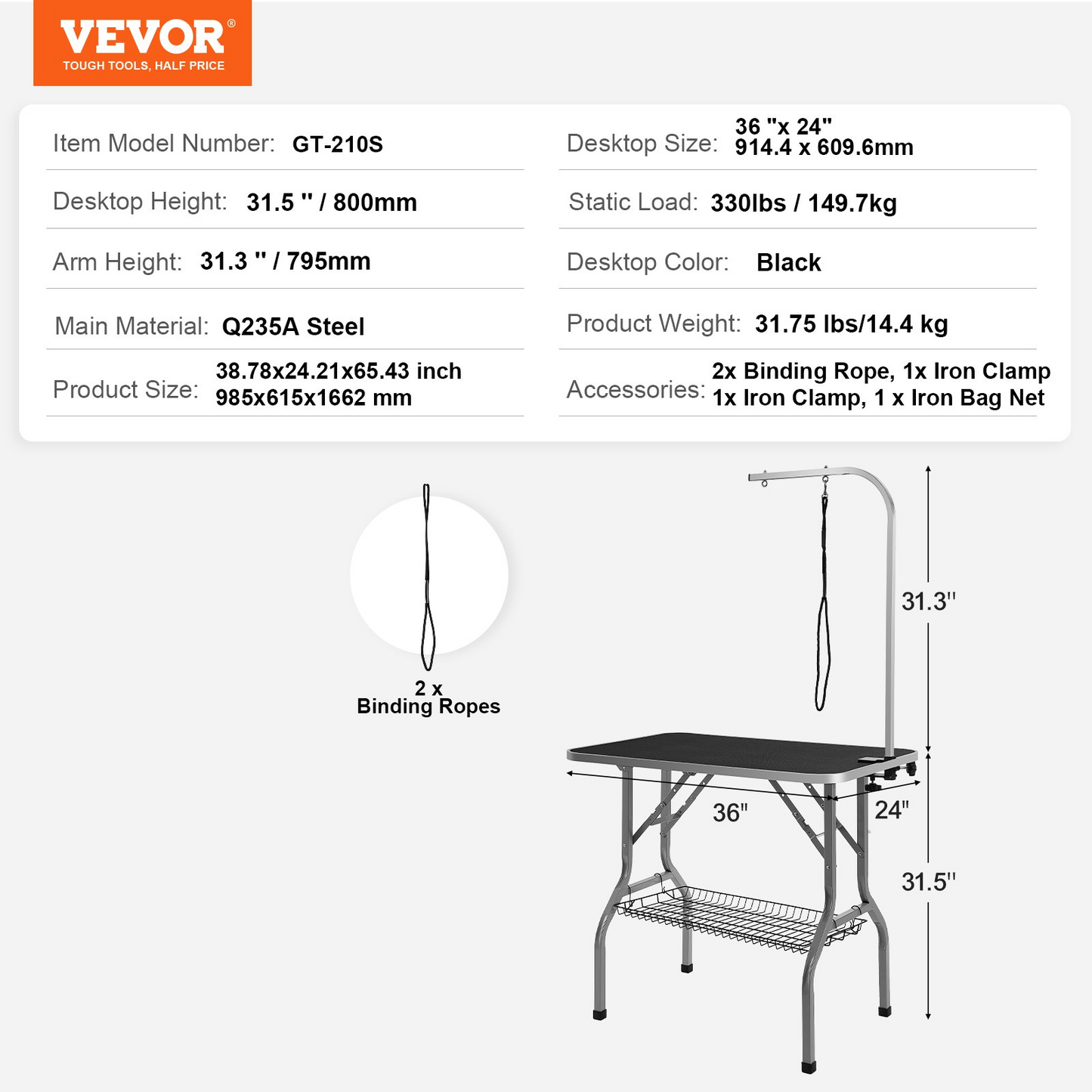 VEVOR Pet Grooming Table Arm with Clamp, 36''x24'' Dog Grooming Station, Foldable Pets Grooming Stand for Medium and Small Dogs, Free No Sit Haunch Holder with Grooming Loop, Bearing 330lbs