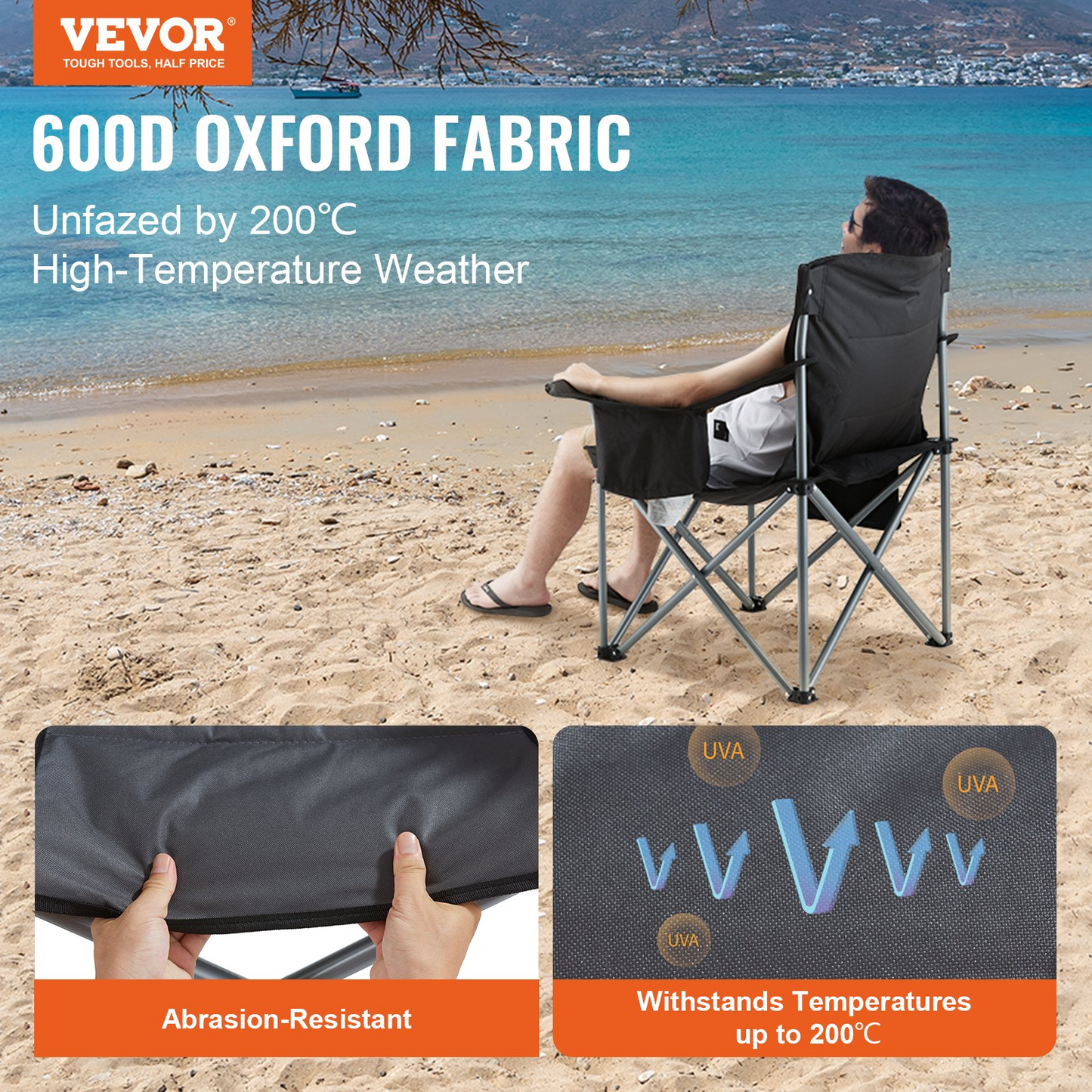 VEVOR Camping Folding Chair for Adults, Portable Heavy Duty Outdoor Quad Lumbar Back Padded Arm Chairs with Side Pockets, Cup Holder and Cooler Bag for Beach, Lawn, Picnic, Fishing, Backpacking, Black