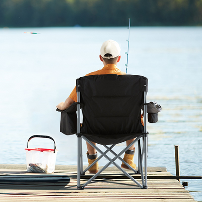 VEVOR Camping Folding Chair for Adults, Portable Heavy Duty Outdoor Quad Lumbar Back Padded Arm Chairs with Side Pockets, Cup Holder and Cooler Bag for Beach, Lawn, Picnic, Fishing, Backpacking, Black