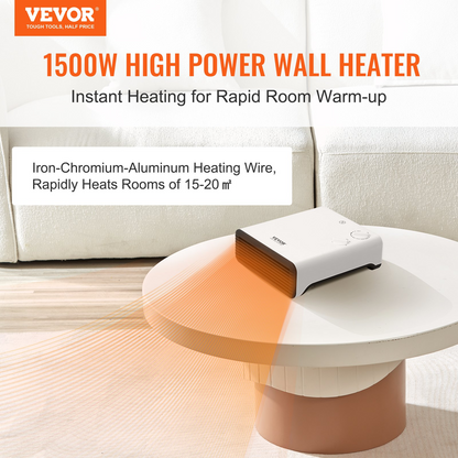 VEVOR Electric Wall Heater 1500W, Small Space Heaters with Knob Adjustment, Tip-Over & Overheat & IPX24 Waterproof Safety Protection, Wall-Mount/Tabletop for Indoor Use, Fixed Screws Included, White