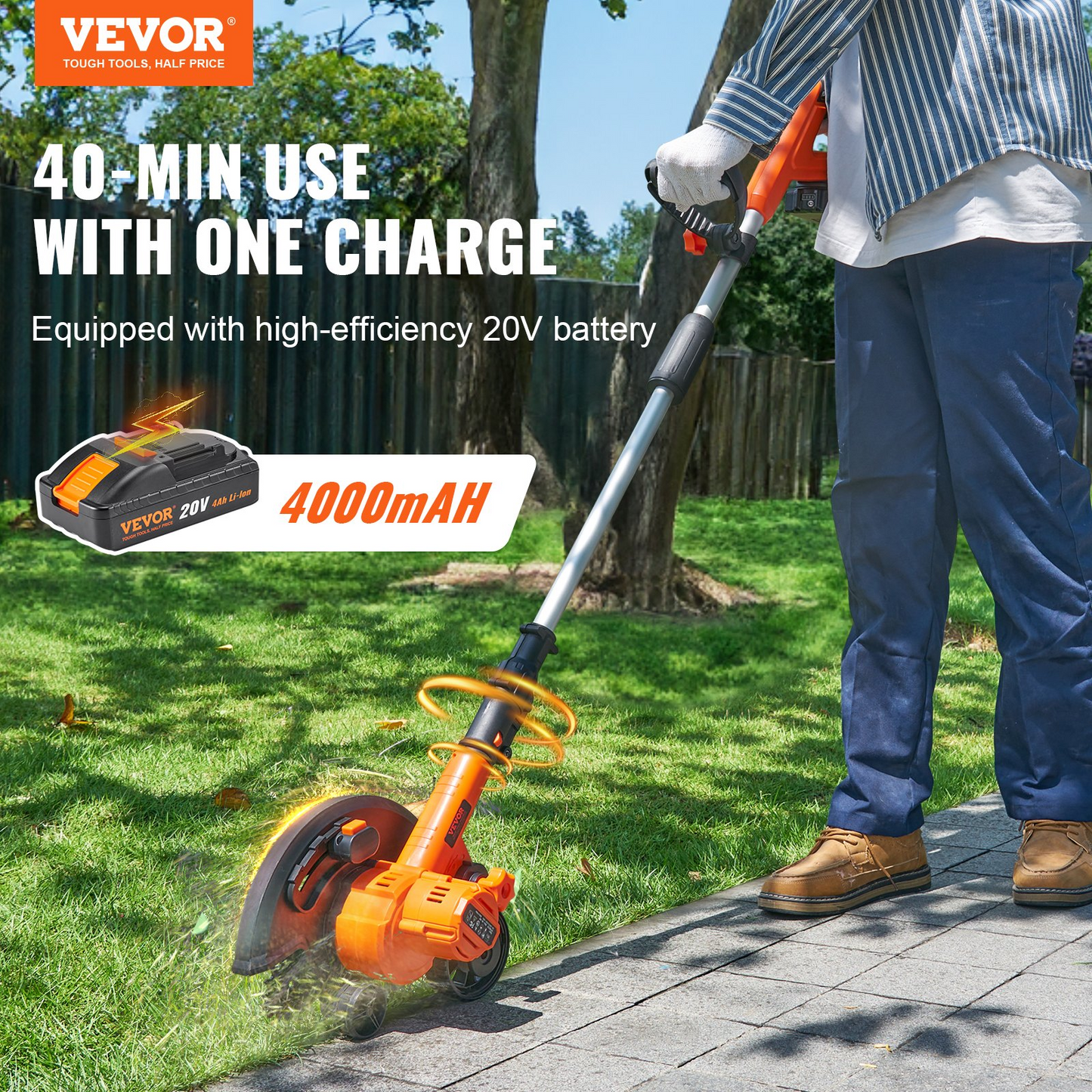 VEVOR Lawn Edger, 20 V Battery Powered Cordless Edger, 9-inch Blade Edger Lawn Tool with 3-Position Blade Depth, Battery and Charger Included, for Lawns, Driveways, Borders, and Sidewalk Edges