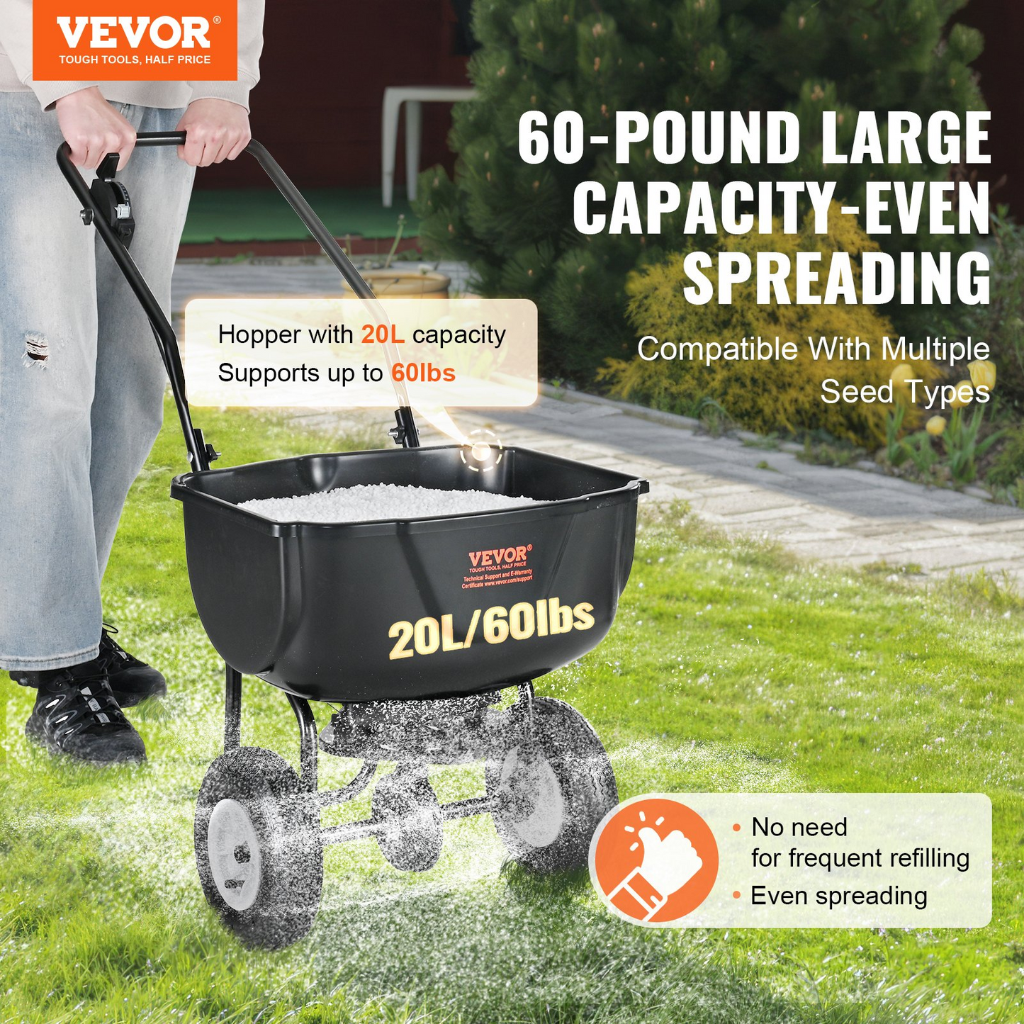 VEVOR Broadcast Spreader, 60 LB Walk-Behind Turf Spreader with 8" Wheels, Steel Push Fertilizer Spreader, Garden Seeder, and Salt Spreader, Designed for Residential, Farm, and Tough Terrain, Black