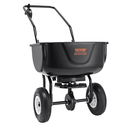 VEVOR Broadcast Spreader, 60 LB Walk-Behind Turf Spreader with 8" Wheels, Steel Push Fertilizer Spreader, Garden Seeder, and Salt Spreader, Designed for Residential, Farm, and Tough Terrain, Black