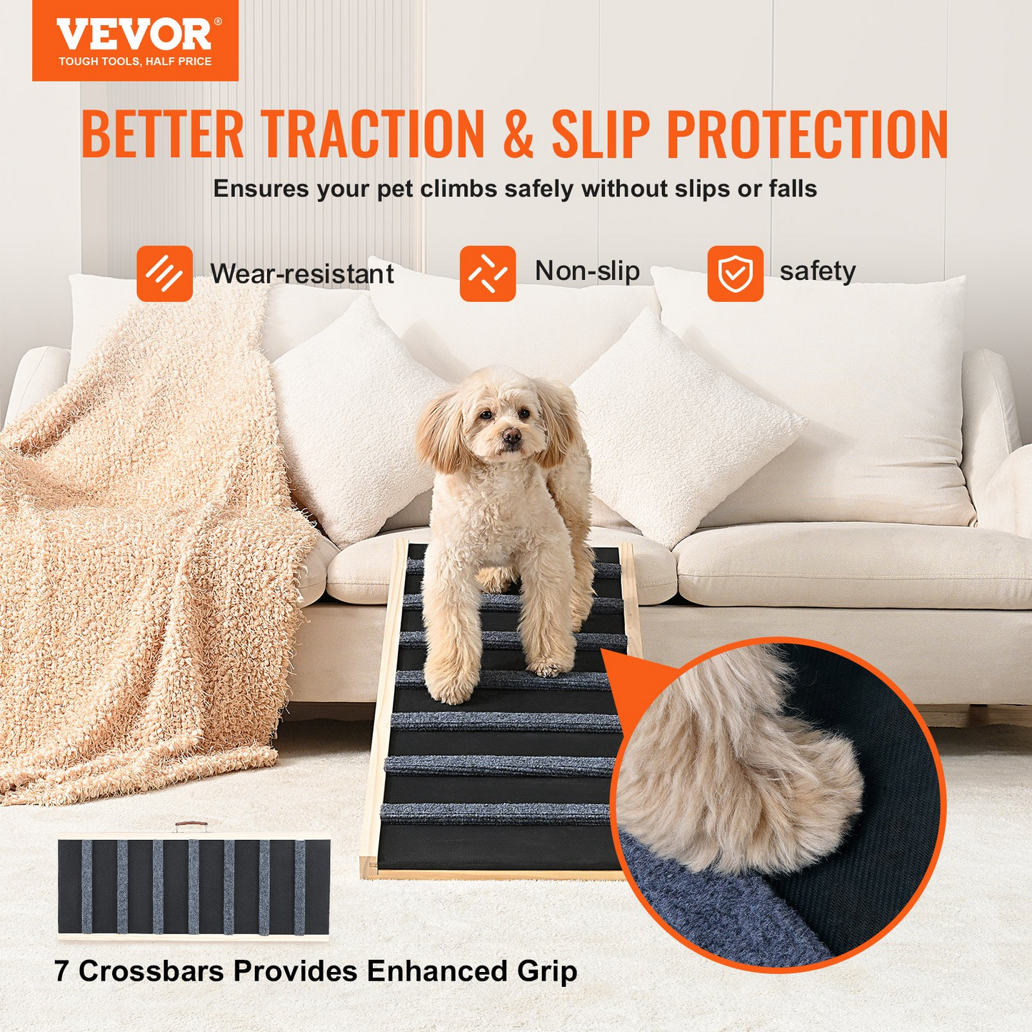 VEVOR Dog Ramp, Folding Pet Ramp for Bed, Adjustable Dog Ramp for Small, Large, Old Dogs & Cats, Wooden Pet Ramp with 39.3" Long Ramp, Adjustable from 15" to 22", Suitable for Couch, Sofa, Car