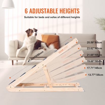 VEVOR Dog Ramp, Folding Pet Ramp for Bed, Adjustable Dog Ramp for Small, Large, Old Dogs & Cats, Wooden Pet Ramp with 41.3" Long Ramp, Adjustable from 13.77" to 25.59", Suitable for Couch, Sofa, Car