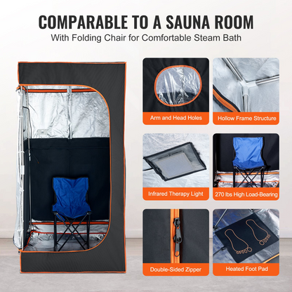 VEVOR Sauna Tent Portable Full Size, 1400W Personal Sauna Kit for Home Spa, Detoxify & Soothing Infrared Heated Body Therapy, Time & Temperature Remote Control With Chair & Floor Mat