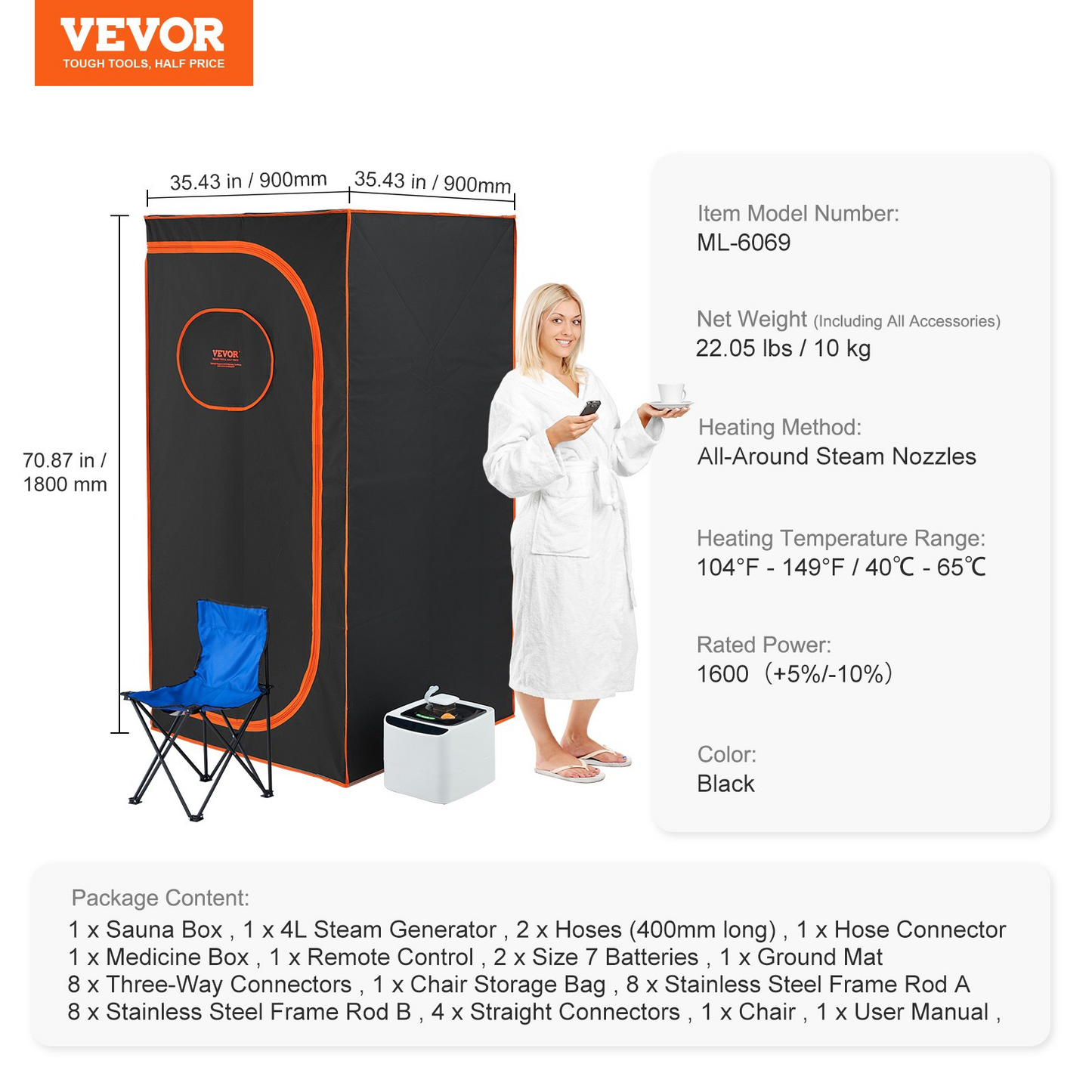 VEVOR Portable Steam Sauna Tent Full Size, 1600W Personal Sauna Blanket Kit for Home Spa, Detoxify & Soothing Heated Body Therapy, Time & Temperature Remote Control With Chair & Floor Mat, Black