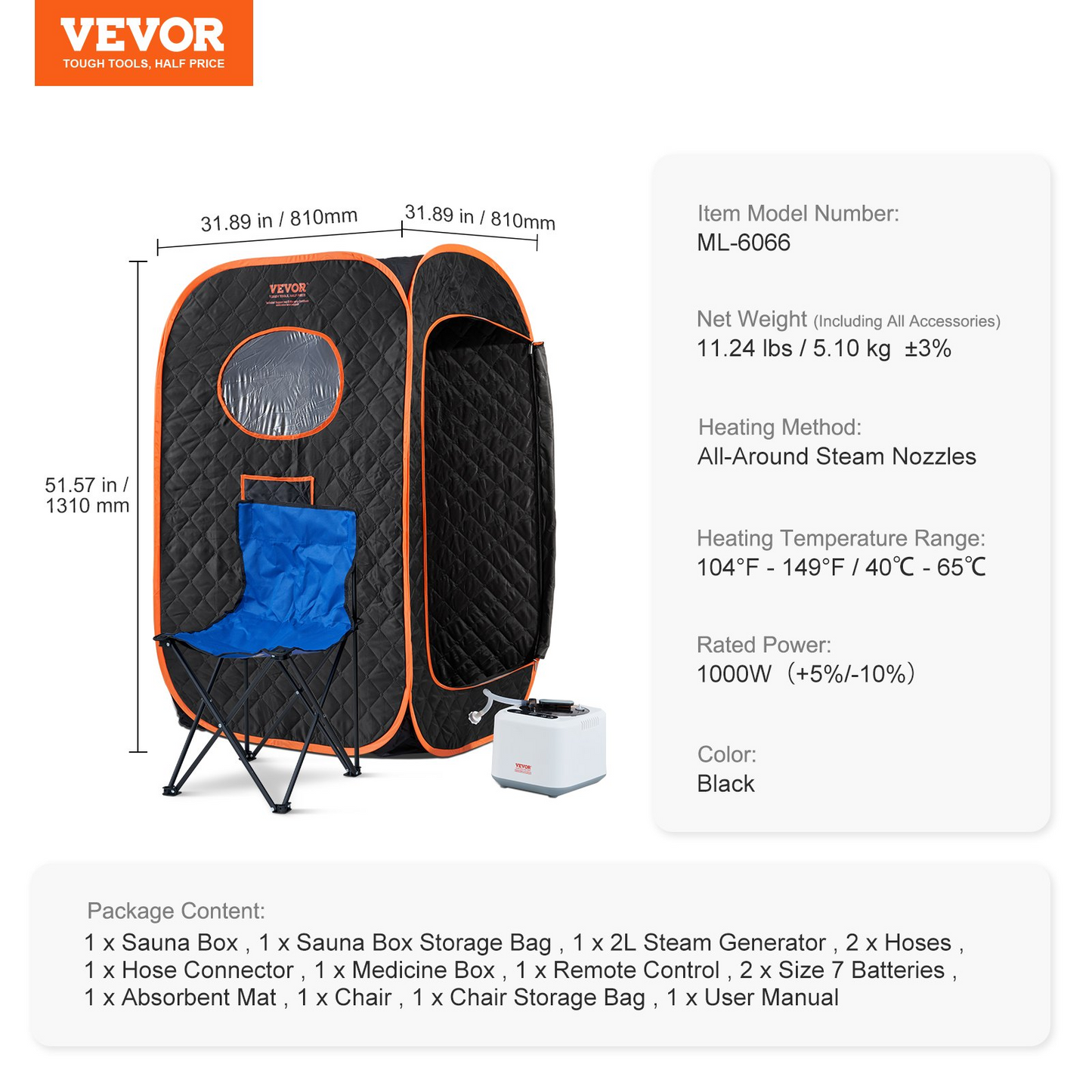 VEVOR Compact Portable Steam Sauna Tent, 1000 Watt Sauna Blanket with Chair, Home Therapeutic Sauna Box for Detox Relaxation, Time & Temperature Remote Control Personal Sauna for Home, Black