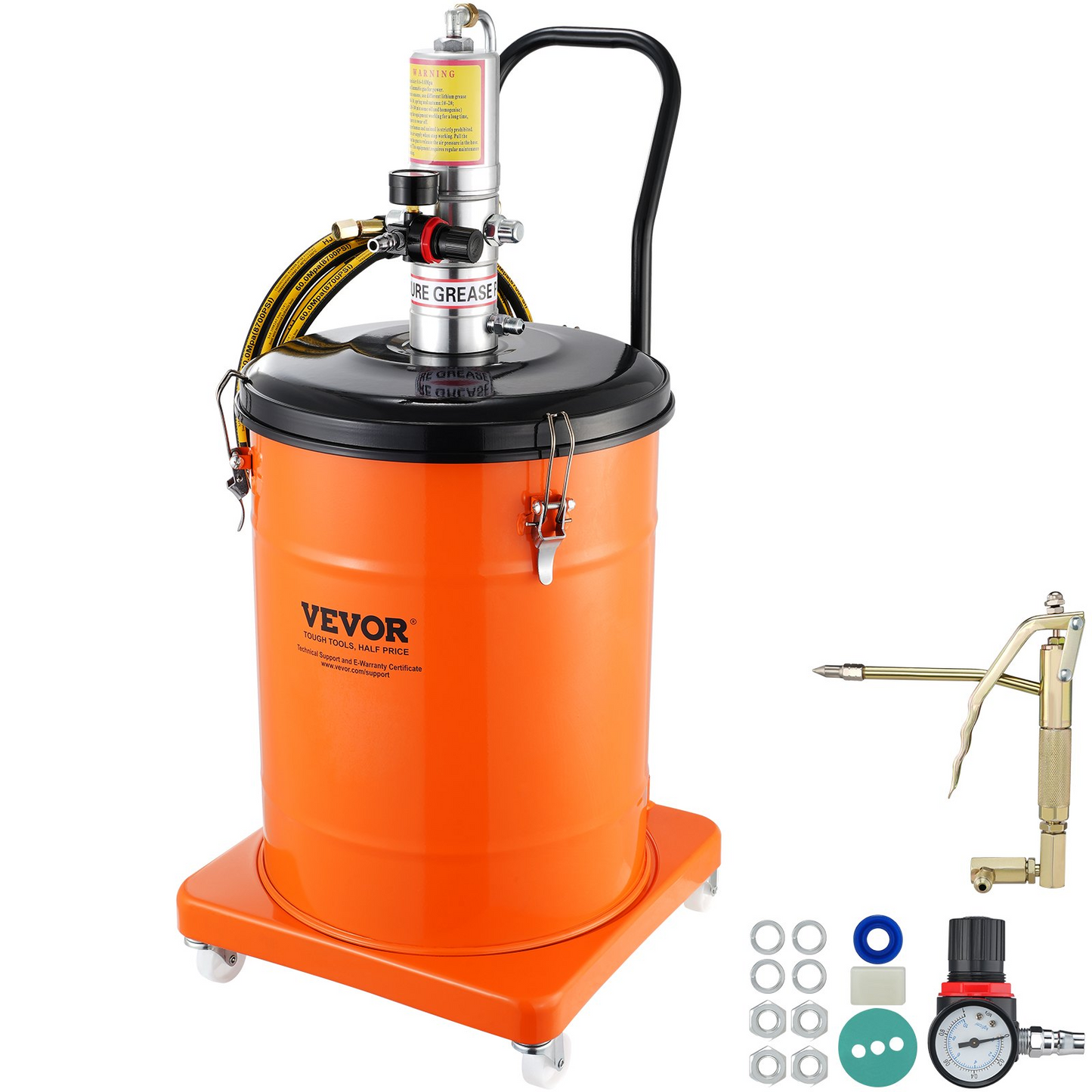 VEVOR Grease Pump, 10.5 Gallon 40L Air Operated Grease Pump with 13 ft High Pressure Hose and Grease Gun, Pneumatic Grease Bucket Pump with Wheels, Portable Lubrication Grease Pump 50:1 Pressure Ratio