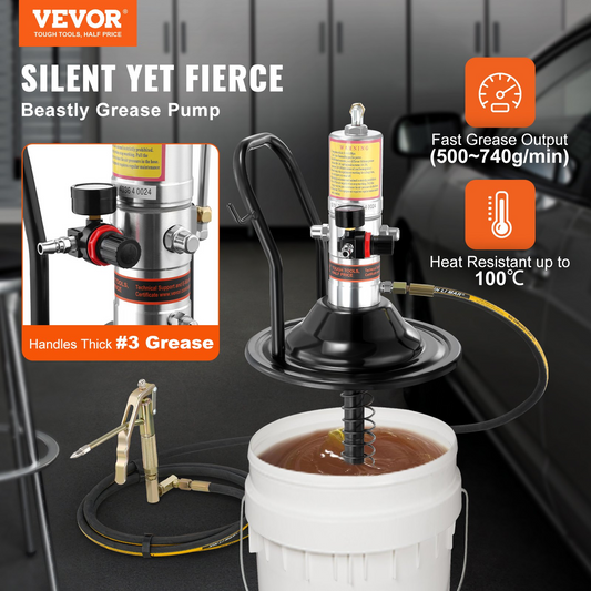 VEVOR Grease Pump, 50:1 Pressure Ratio Air Operated Grease Pump with 13 ft High Pressure Hose and Grease Gun, Pneumatic Grease Pump with Barrel Cap, Portable Lubrication Grease Pump 360° Gun Head