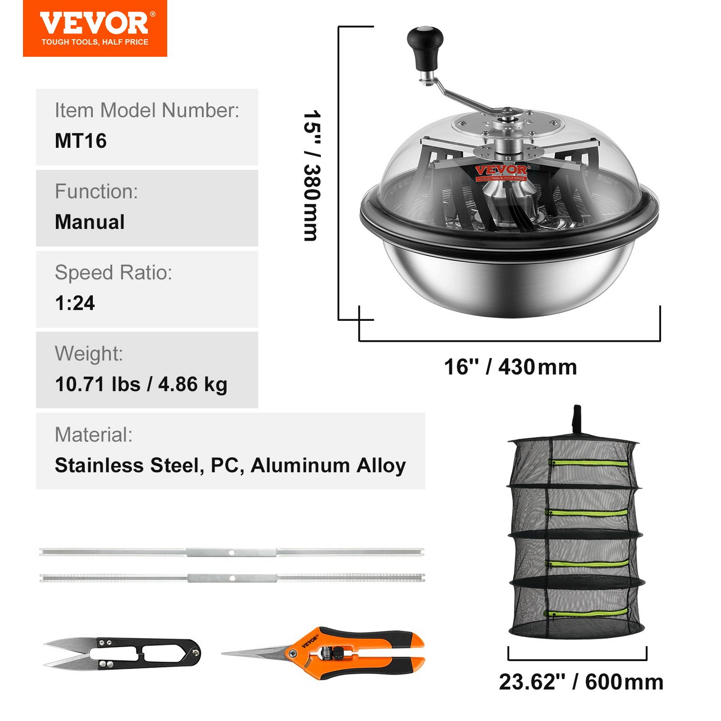 VEVOR Leaf Bowl Trimmer, 16'' Trimmer Bowl, Manual Bud Trimmer with Stainless-Steel Blades for Twisted Spin Cut, Clear Visibility Dome, Foldable Herb Drying Rack and Hand Pruner Included