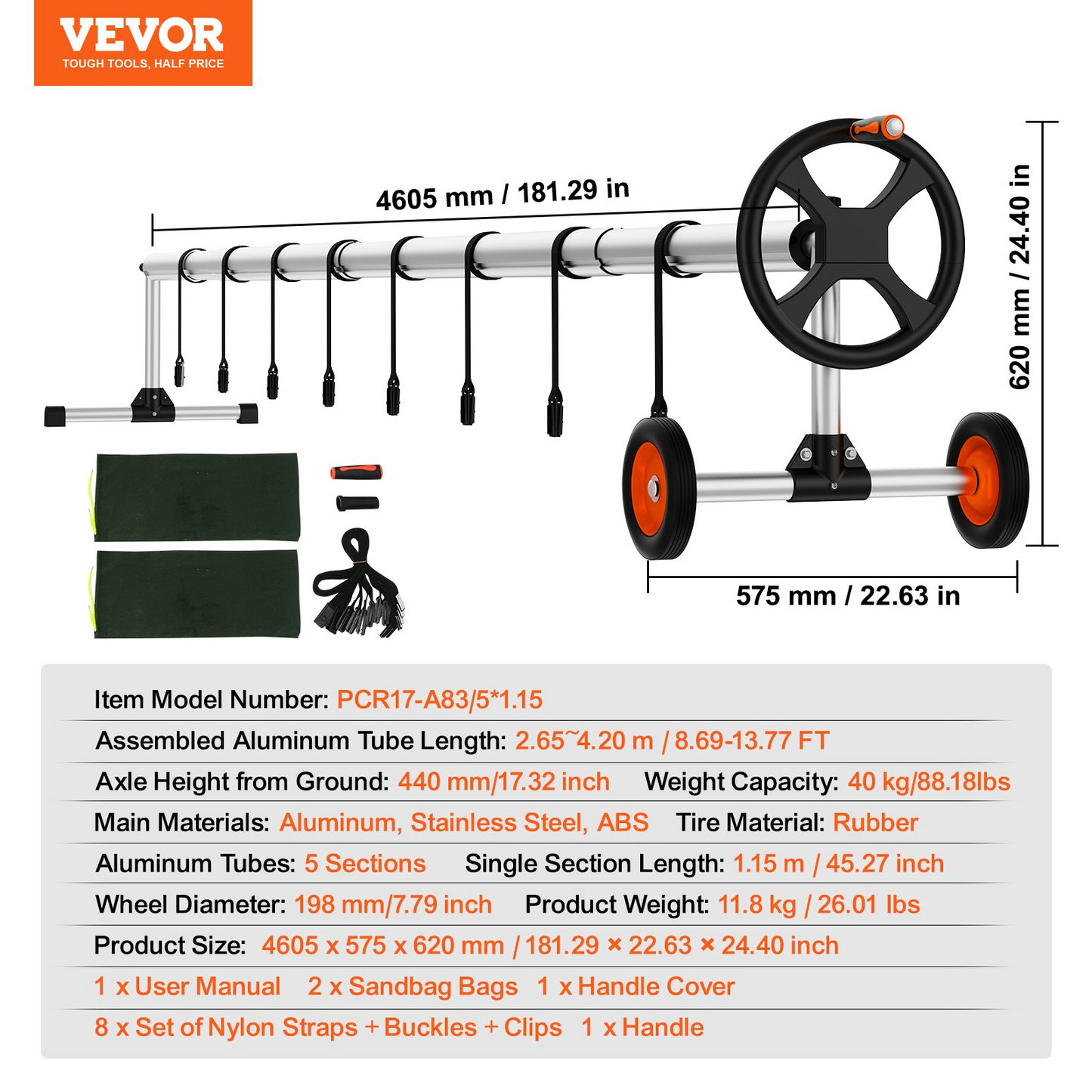 VEVOR Pool Cover Reel, Aluminum Solar Cover Reel 14 ft, Inground Swimming Pool Cover Reel Set with Rubber Wheels and Sandbags, Fits for 3-14 ft Width Swimming Pools