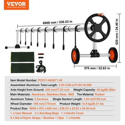 VEVOR Pool Cover Reel, Aluminum Solar Cover Reel 18 ft, Inground Swimming Pool Cover Reel Set with Rubber Wheels and Sandbags, Fits for 4-18 ft Width Swimming Pools