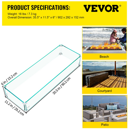 VEVOR Fire Pit Wind Guard, 35.5 x 11.5 x 6 Inch Glass Wind Guard, Rectangular Glass Shield, 0.3" Clear Tempered Glass Flame Guard, Steady Feet Tree Pit Guard for Propane, Gas, Outdoor