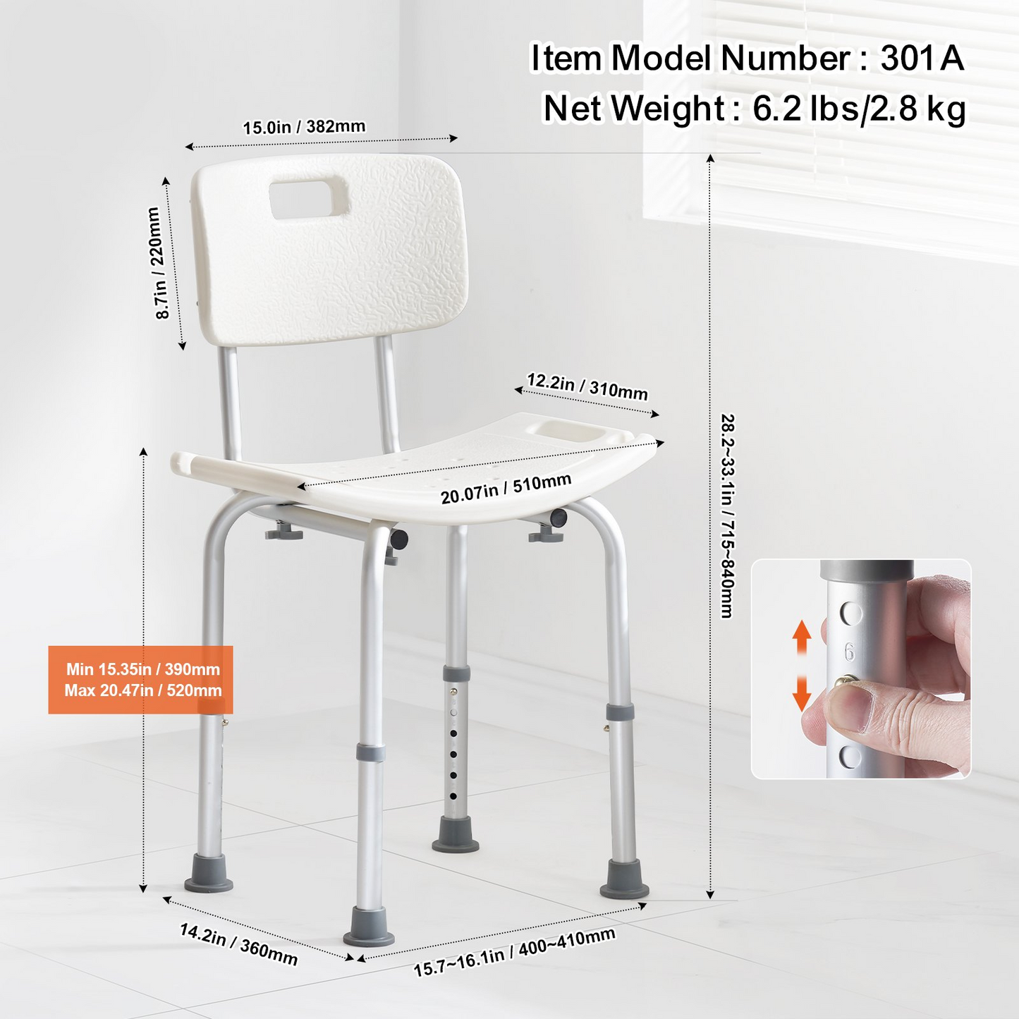 VEVOR Shower Chair, Shower Seat with Back, Adjustable Height Shower Stool, Shower Chair for Inside Shower Bathtub, Non-slip Bathroom Bench Bath Chair for Elderly Disabled Handicap, 350 lbs Capacity