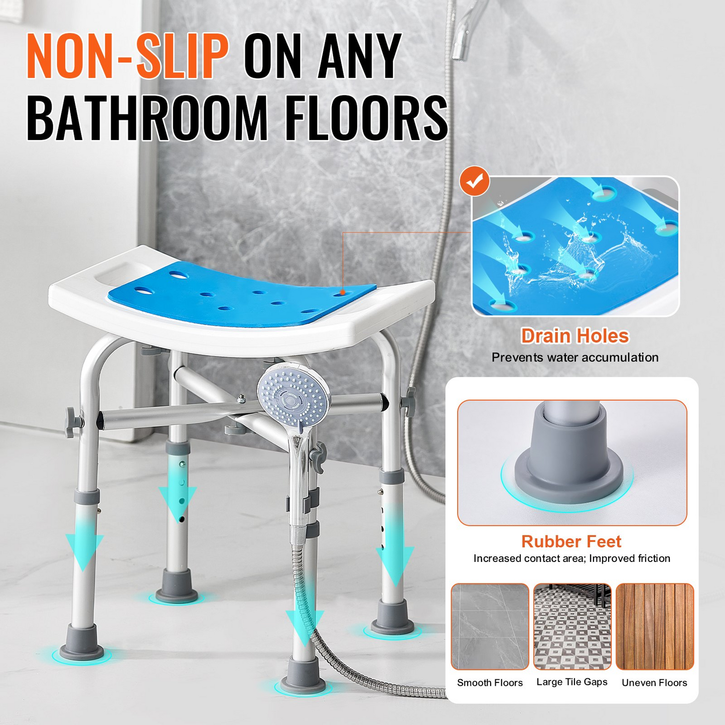 VEVOR Shower Chair for Inside Shower, Adjustable Height Shower Stool with Crossbar Support, Shower Seat for Shower Tub, Non-Slip Bench Bathtub Stool Seat for Elderly Disabled Adults Handicap, 500 lbs