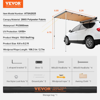 VEVOR Car Side Awning, Large 6.6' x 8.2' Shade Coverage Vehicle Awning, PU3000mm UV50+ Retractable Car Awning with Waterproof Storage Bag, Height Adjustable, Suitable for Truck, SUV, Van, Campers