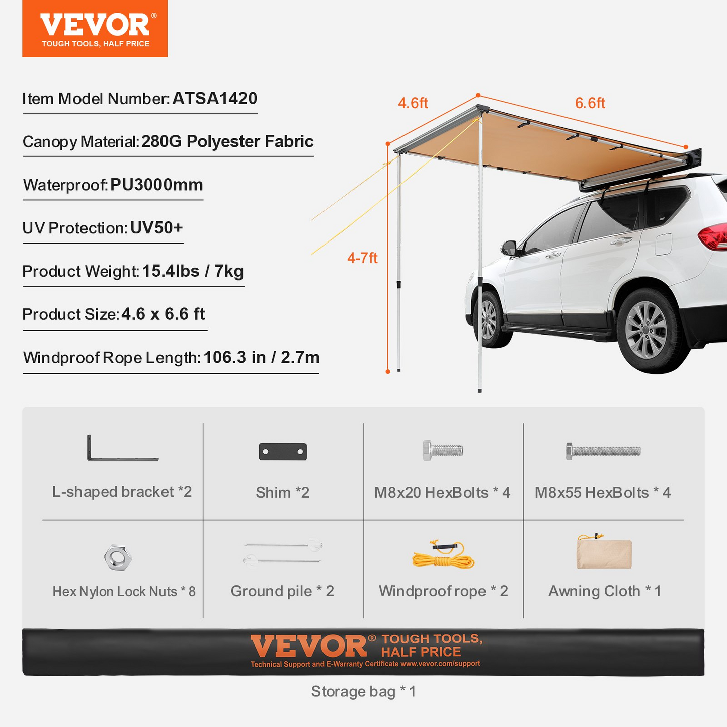 VEVOR Car Side Awning, Large 4.6'x6.6' Shade Coverage Vehicle Awning, PU3000mm UV50+ Retractable Car Awning with Waterproof Storage Bag, Suitable for Truck, SUV, Van, Campers