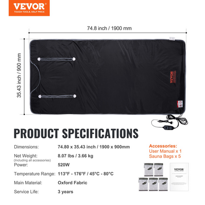 VEVOR Sauna Blanket for Detoxification, Portable Far Infrared Sauna for Home, Oxford Sauna Bag w/ Arm Holes & Carbon Fiber Heating, 1-6 Level Adjustable Temp 95-176℉, 5-60 Minutes Timer, 75 x 35 in