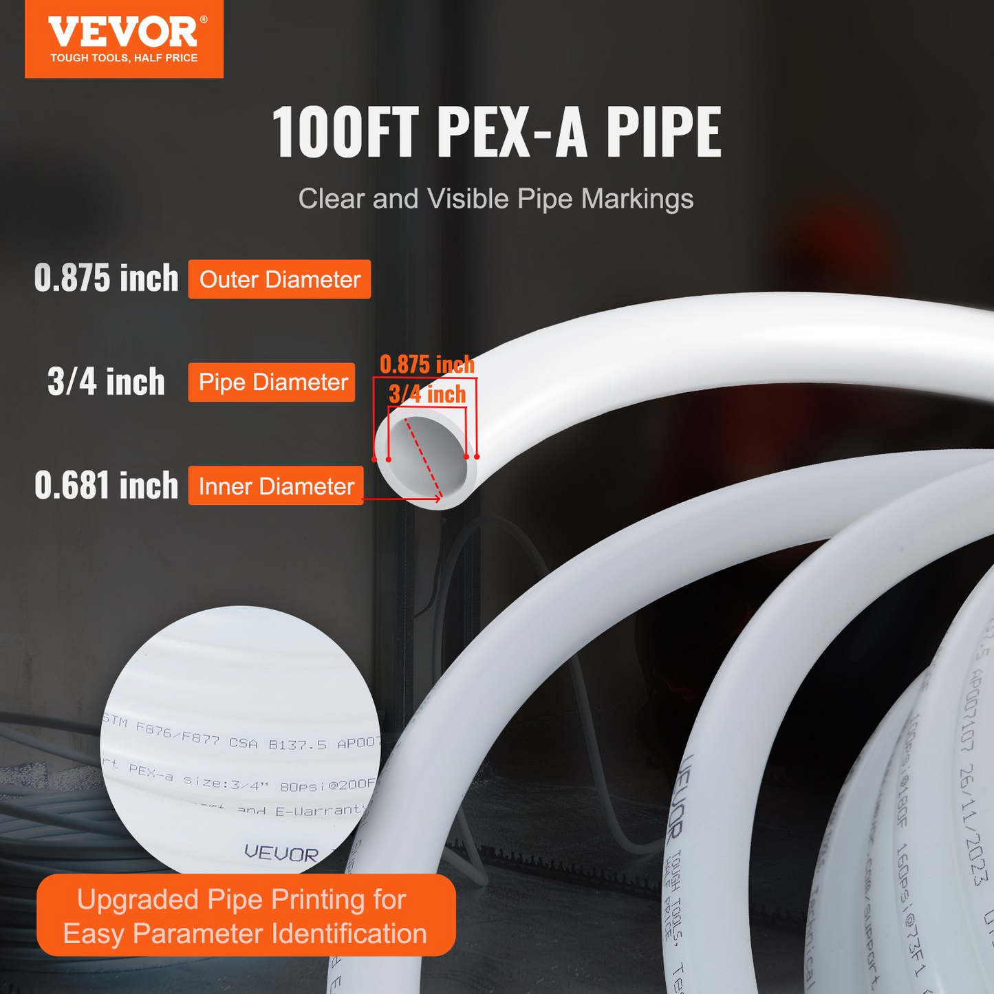 VEVOR PEX Pipe 3/4 Inch, 100 Feet Length PEX-A Flexible Pipe Tubing for Potable Water, Pex Water Lines for Hot/Cold Water & Easily Restore, Plumbing Applications with Free Cutter,White