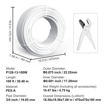 VEVOR PEX Pipe 3/4 Inch, 100 Feet Length PEX-A Flexible Pipe Tubing for Potable Water, Pex Water Lines for Hot/Cold Water & Easily Restore, Plumbing Applications with Free Cutter,White