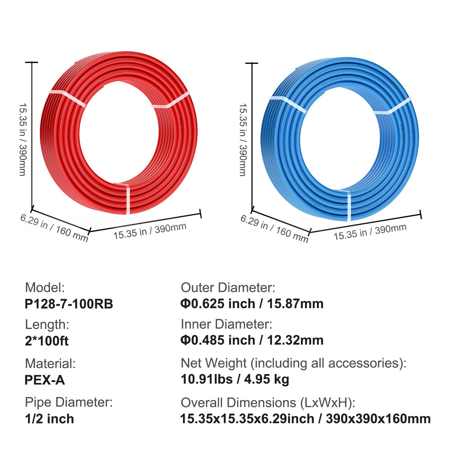 VEVOR PEX Pipe 1/2 Inch, 2 x 100 Feet Length PEX-A Flexible Pipe Tubing for Potable Water, Pex Water Lines for Hot/Cold Water & Easily Restore, Plumbing Applications with Free Cutter, Blue & Red