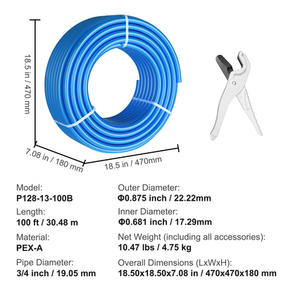 VEVOR PEX Pipe 3/4 Inch, 100 Feet Length PEX-A Flexible Pipe Tubing for Potable Water, Pex Water Lines for Hot/Cold Water & Easily Restore, Plumbing Applications with Free Cutter,Blue