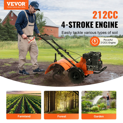 VEVOR Tiller Cultivator, 212CC 4-Stroke Garden Cultivator, Tiller with 4 Steel Adjustable Rear Tines for Lawn, Garden and Field Soil Cultivation