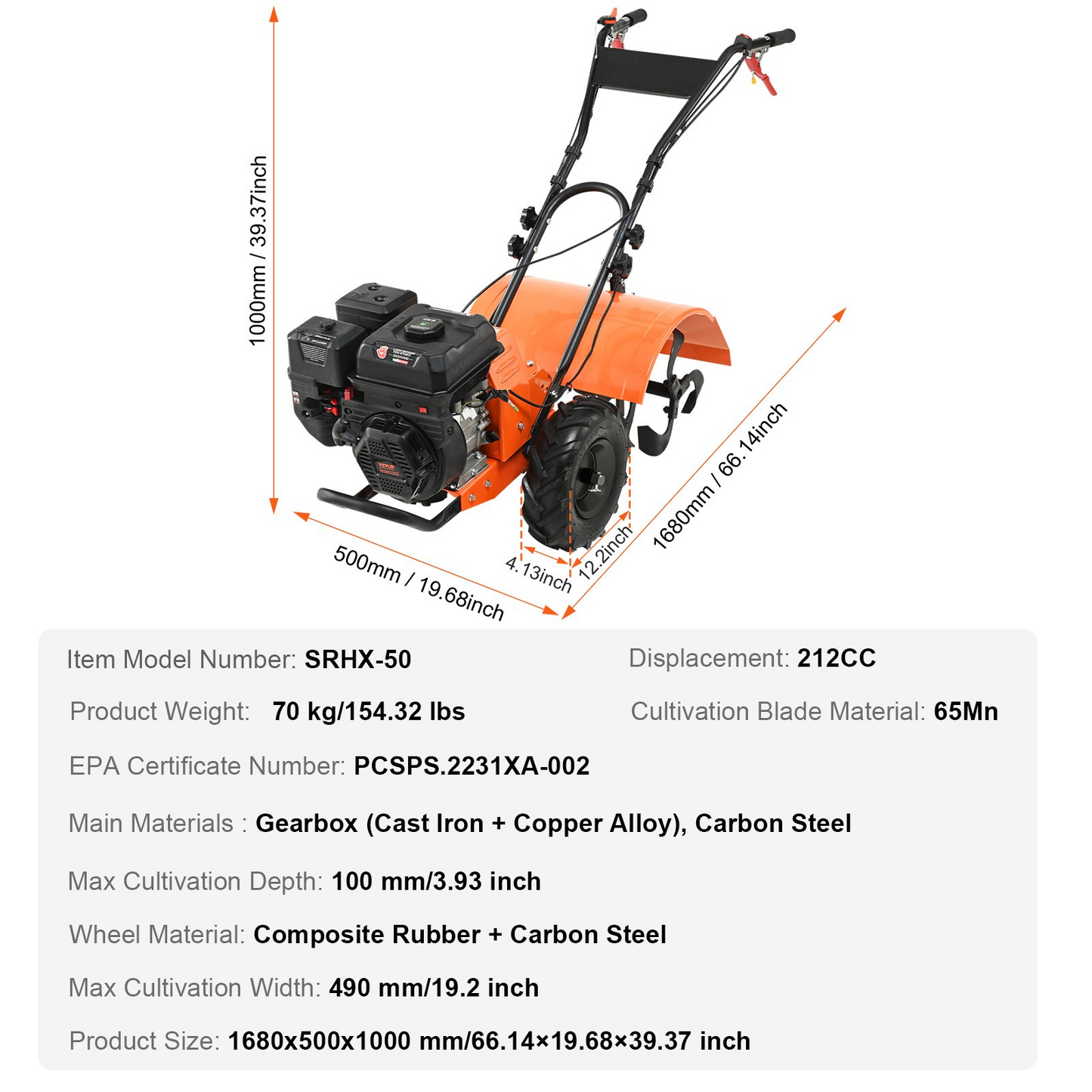 VEVOR Tiller Cultivator, 212CC 4-Stroke Garden Cultivator, Tiller with 4 Steel Adjustable Rear Tines for Lawn, Garden and Field Soil Cultivation