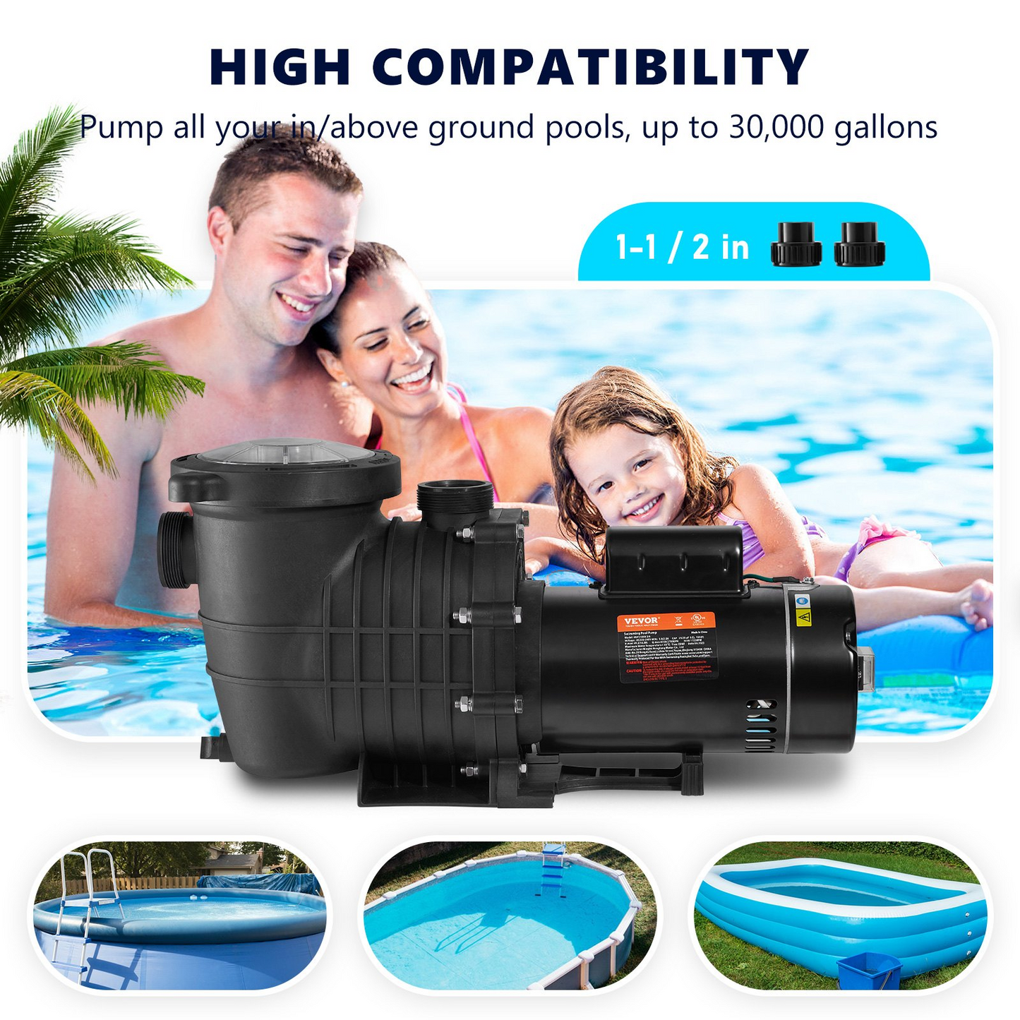 VEVOR Pool Pump 1.5HP 230V, Variable Dual Speed Pumps 1100W for Above Ground Pool, Powerful Self-priming Pump w/ Strainer Filter Basket, 5400 GPH Max. Flow, Energy Saving Swimming Pool Pump