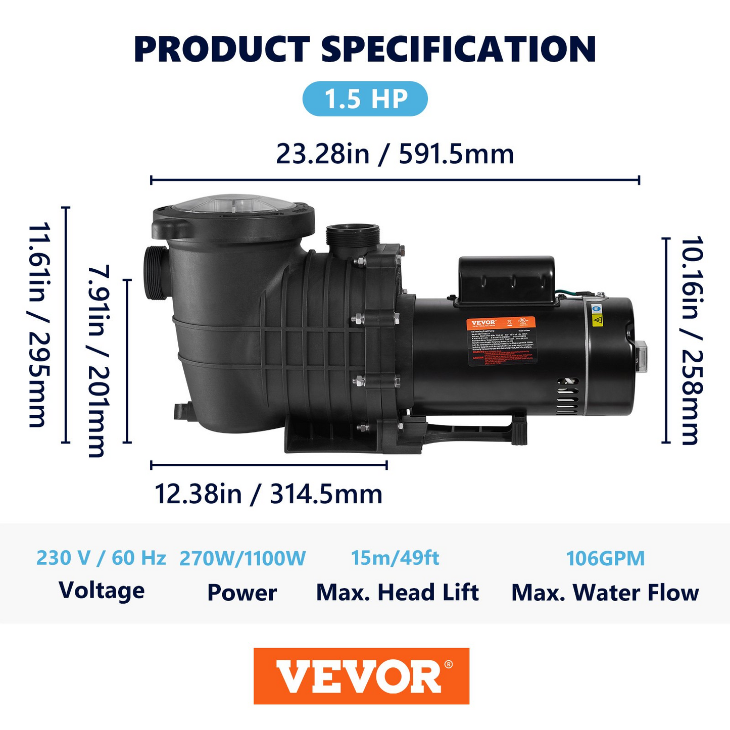 VEVOR Pool Pump 1.5HP 230V, Variable Dual Speed Pumps 1100W for Above Ground Pool, Powerful Self-priming Pump w/ Strainer Filter Basket, 5400 GPH Max. Flow, Energy Saving Swimming Pool Pump