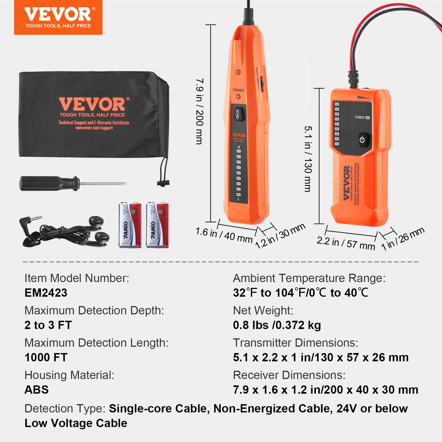 VEVOR Underground Cable Locator, 3 FT Max. Detection Depth, Wire Tracer Break Detector Finder with Earphone, 1000 FT Max.Detection Length Cable Tester for Pet Fence Buried Sprinkler Valve Irrigation