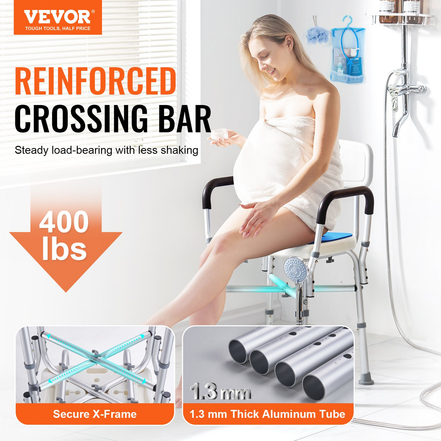 VEVOR Shower Chair Seat with Padded Arms and Back, Shower Stool with Reinforced CrossBar, Adjustable Height Bench Bath Chair for Elderly Disabled, Shower Chair for Inside Shower Bathtub, 400 lbs