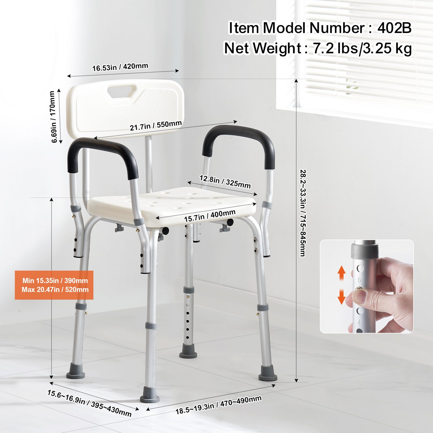 VEVOR Shower Chair, Shower Seat with Back, Adjustable Height Shower Stool, Shower Chair for Inside Shower Bathtub, Non-slip Bathroom Bench Bath Chair for Elderly Disabled Handicap, 350 LBS Capacity