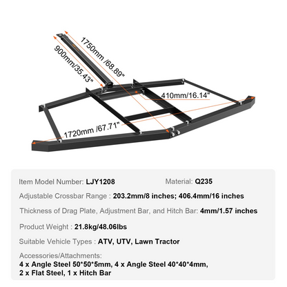 VEVOR Driveway Drag, 67.7" Width Tow Behind Drag Harrow, Q235 Steel Driveway Grader with Adjustable Bars, Support up to 50 lbs, Driveway Tractor Harrow for ATVs, UTVs, Garden Lawn Tractors