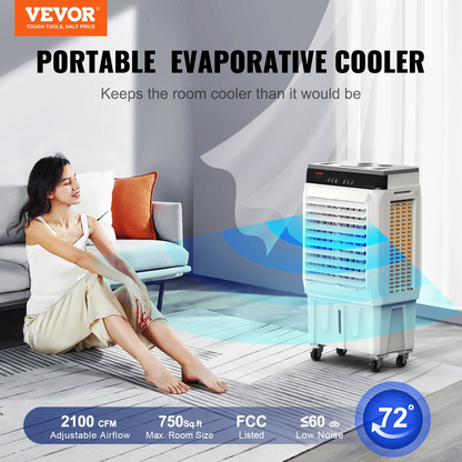 VEVOR Evaporative Air Cooler, 2100 CFM, 135° Oscillating Swamp Cooler with Adjustable 3 Speeds and 12 H Timer, 7 Gal Portable Air Cooler for 750 Sq.ft, Indoor/Outdoor Use