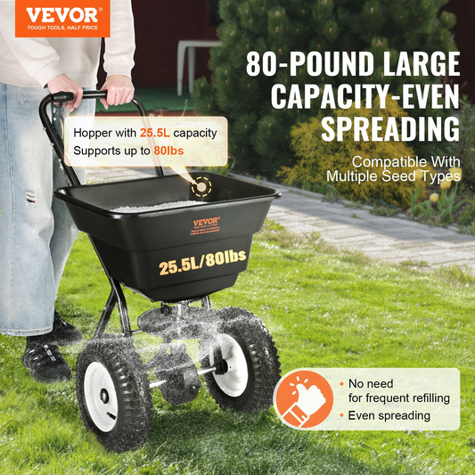 VEVOR Broadcast Spreader, 100 LB Walk-Behind Turf Spreader with 12" Wheels, Steel Push Fertilizer Spreader, Garden Seeder, and Salt Spreader, Designed for Residential, Farm, and Tough Terrain, Black