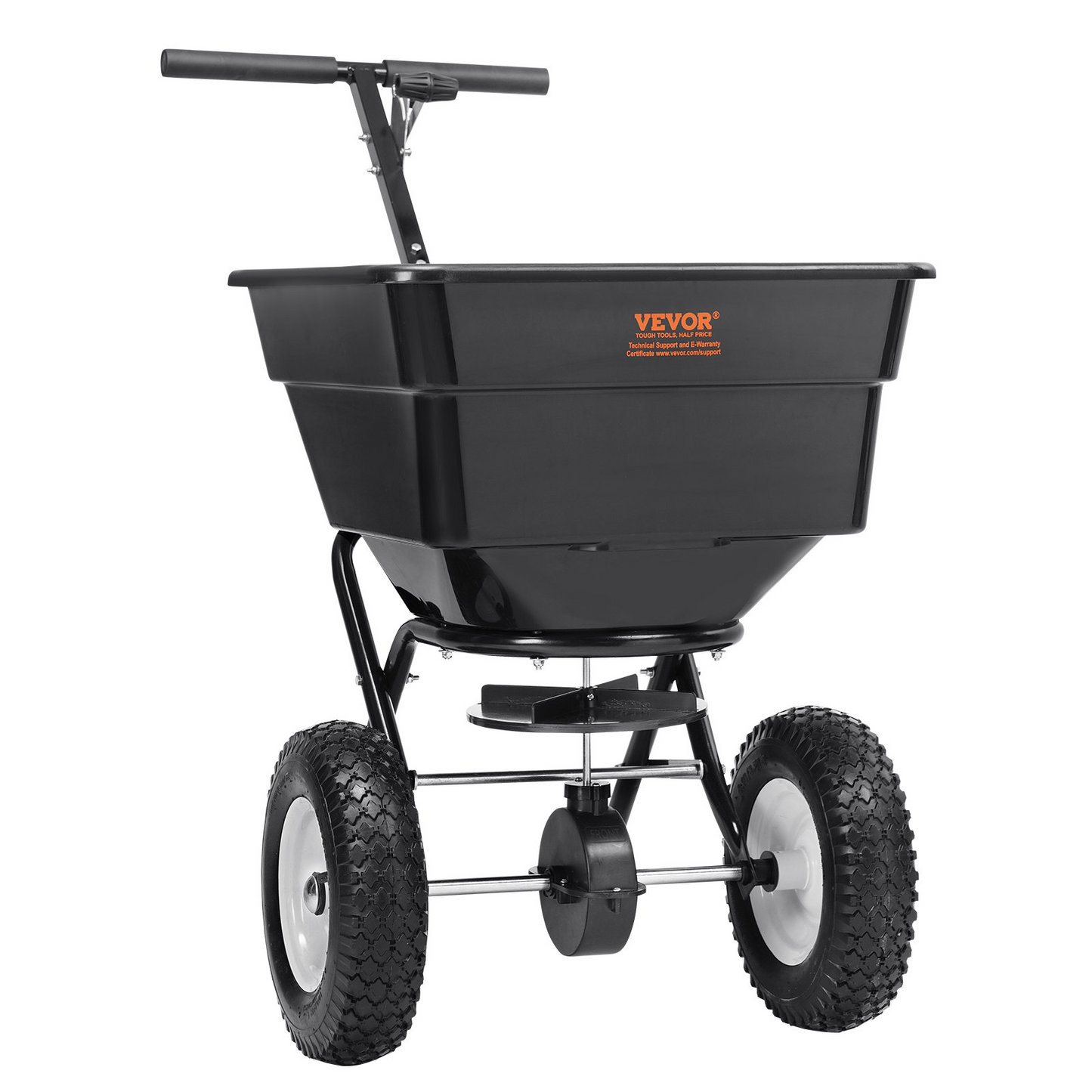 VEVOR Broadcast Spreader, 100 LB Walk-Behind Turf Spreader with 12" Wheels, Steel Push Fertilizer Spreader, Garden Seeder, and Salt Spreader, Designed for Residential, Farm, and Tough Terrain, Black