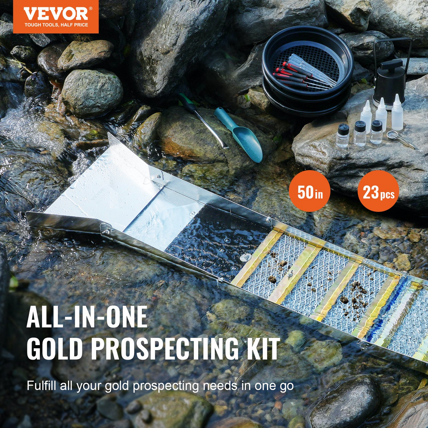 VEVOR Complete Sluice Box Gold Panning Kit, 50" Folding Aluminum Alloy Gold Mining Equipment, 23 PCS Gold Prospecting Kit with Gold Pan, Classifier Screen, Separating Magnet, Backpack and More