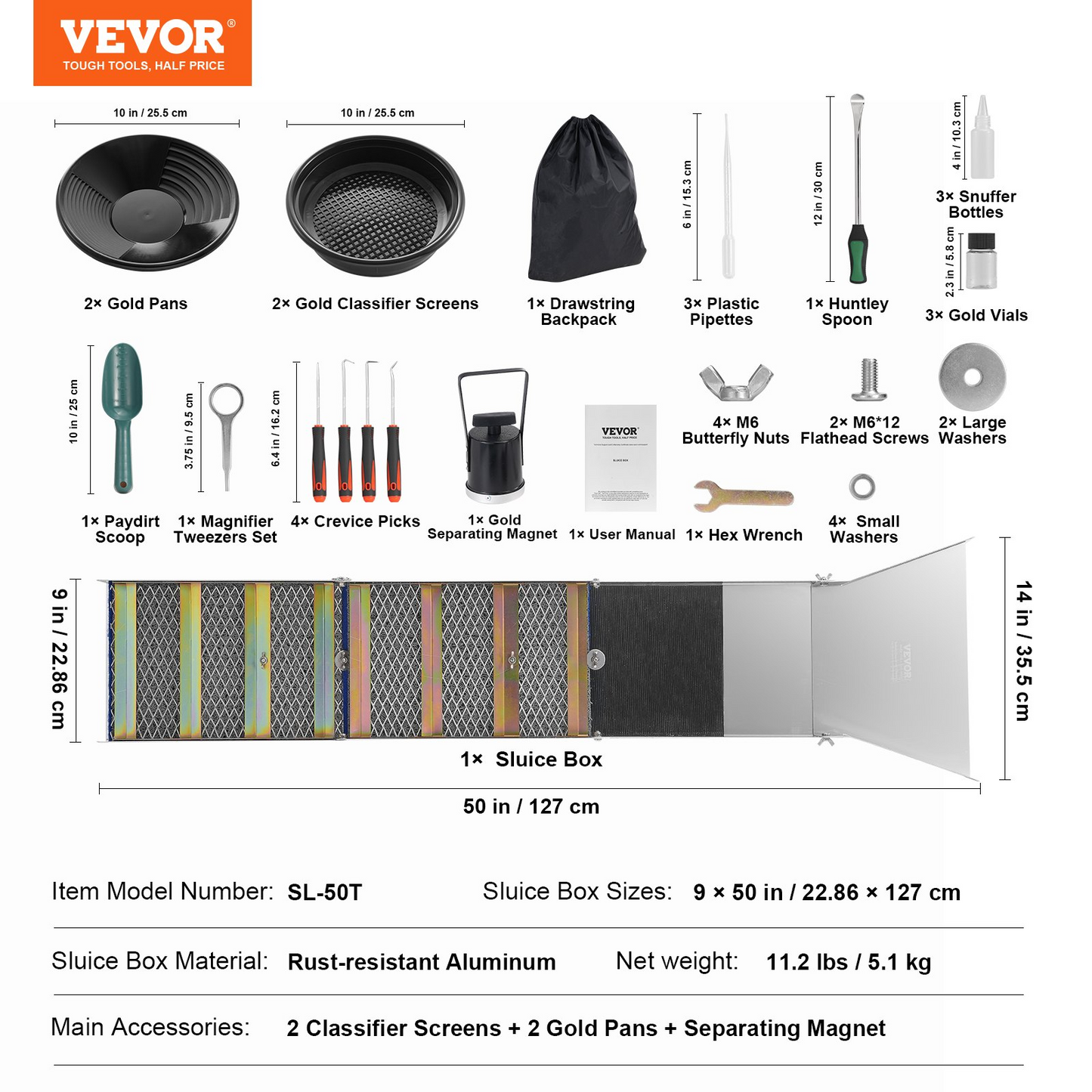 VEVOR Complete Sluice Box Gold Panning Kit, 50" Folding Aluminum Alloy Gold Mining Equipment, 23 PCS Gold Prospecting Kit with Gold Pan, Classifier Screen, Separating Magnet, Backpack and More