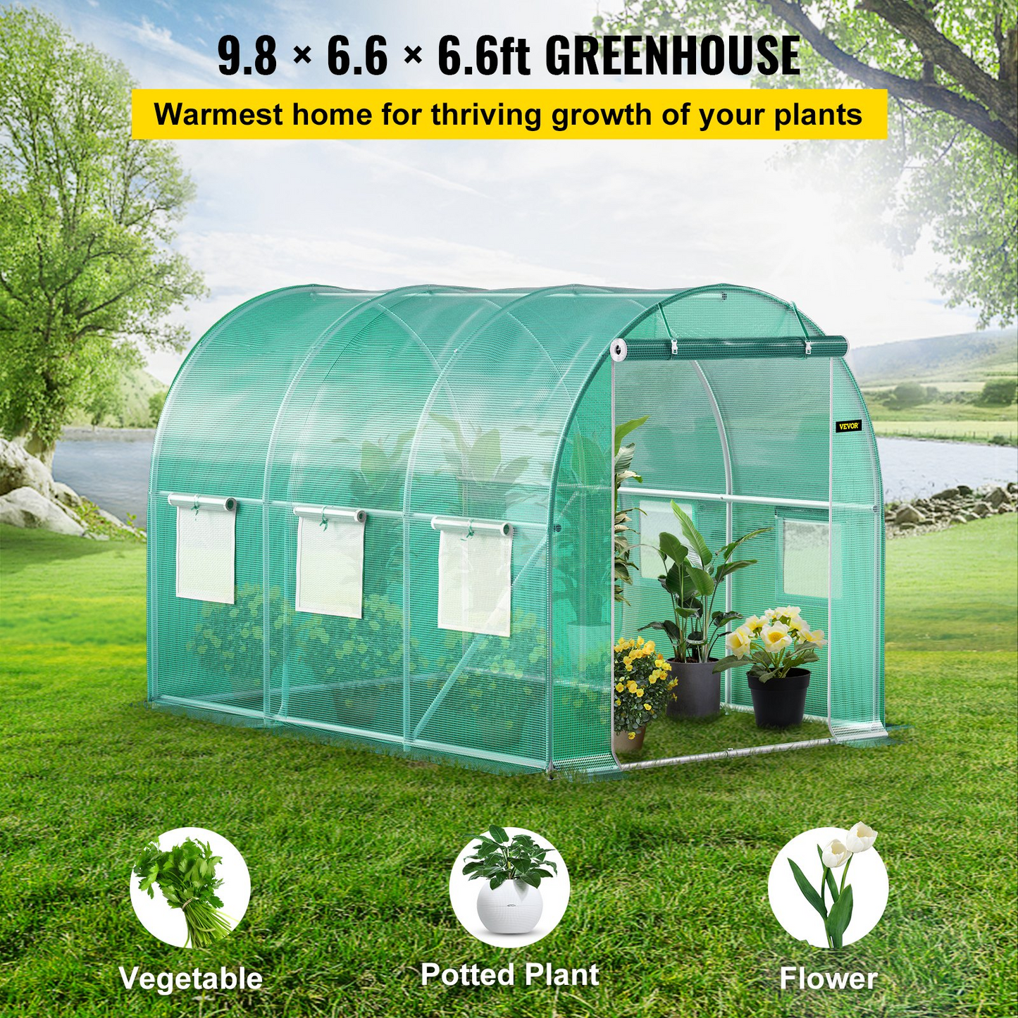 VEVOR Walk-in Tunnel Greenhouse, 9.8 x 6.6 x 6.6 ft Portable Plant Hot House w/ Galvanized Steel Hoops, 1 Top Beam, Diagonal Poles, Zippered Door & 6 Roll-up Windows, Green