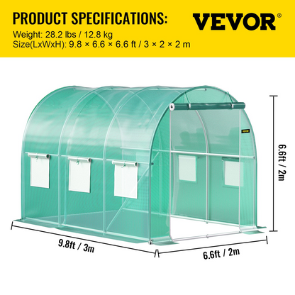 VEVOR Walk-in Tunnel Greenhouse, 9.8 x 6.6 x 6.6 ft Portable Plant Hot House w/ Galvanized Steel Hoops, 1 Top Beam, Diagonal Poles, Zippered Door & 6 Roll-up Windows, Green