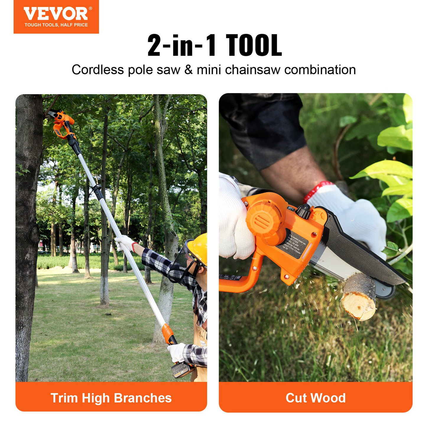 VEVOR 2-in-1 Cordless Pole Saw & Mini Chainsaw, 20V 2Ah Battery Pole Chainsaw, 5" Cutting Capacity 8 ft Reach Pole Saw for Branch Cutting & Tree Trimming (Battery and Blade Cover Included)